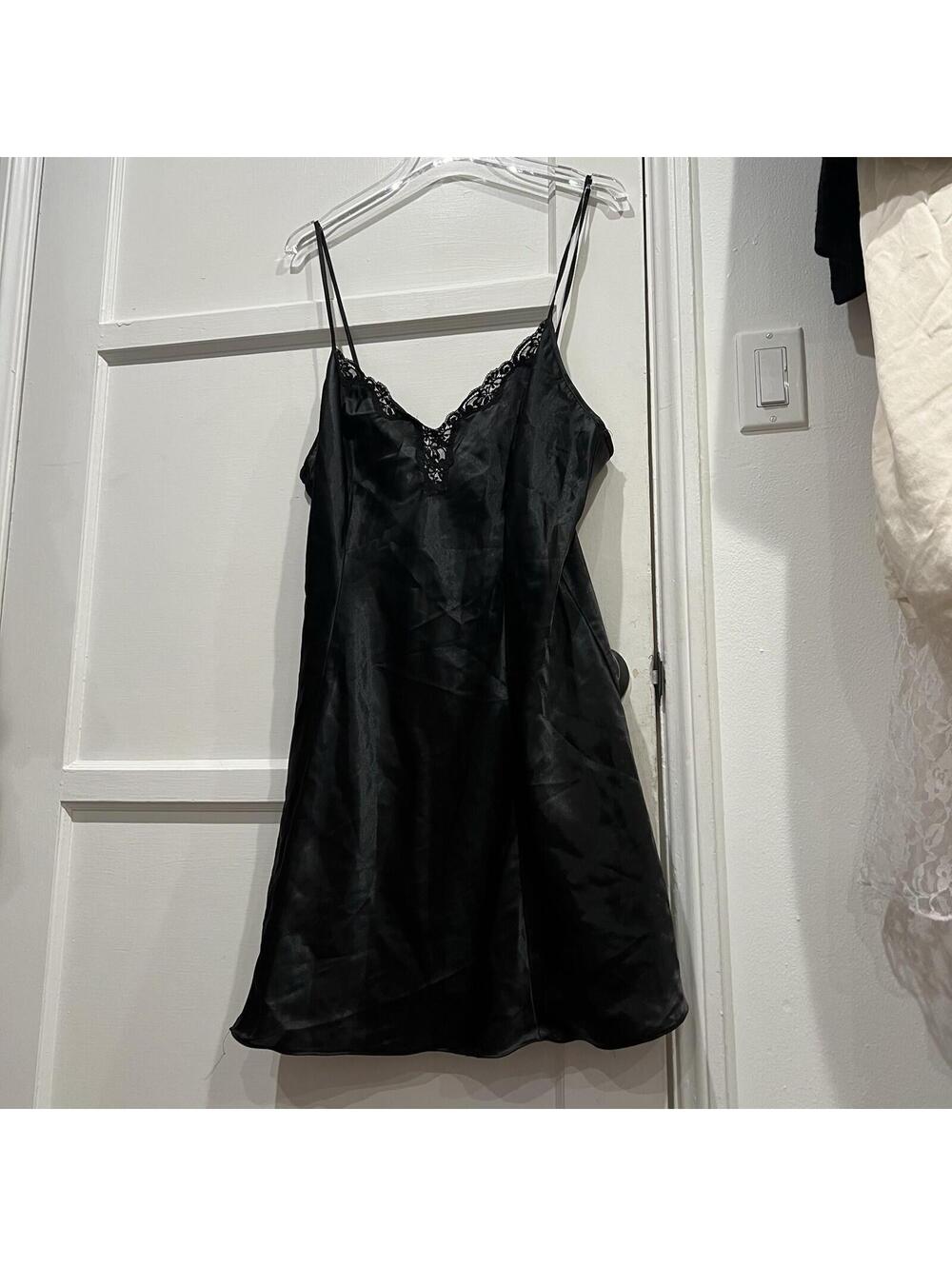 Vintage Victoria's Secret Black Satin Slip Dress Lace Nightgown Lingerie XL